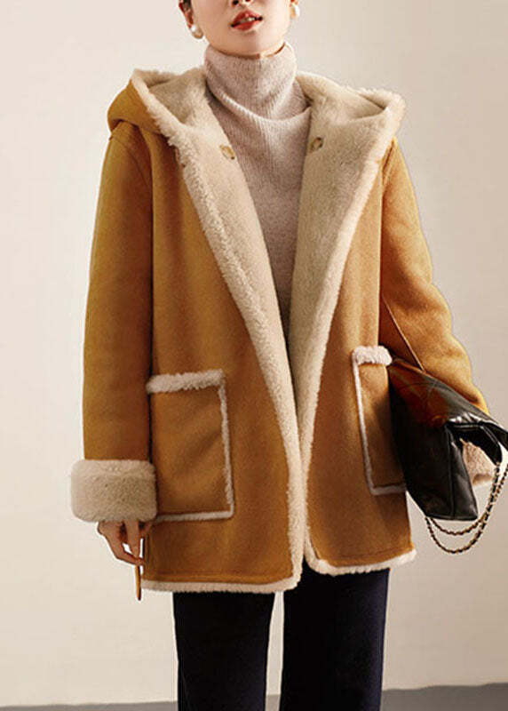 Casual Camel Patchwork Sashes Warm Fleece Wooled Blended Hooded Coat Winter