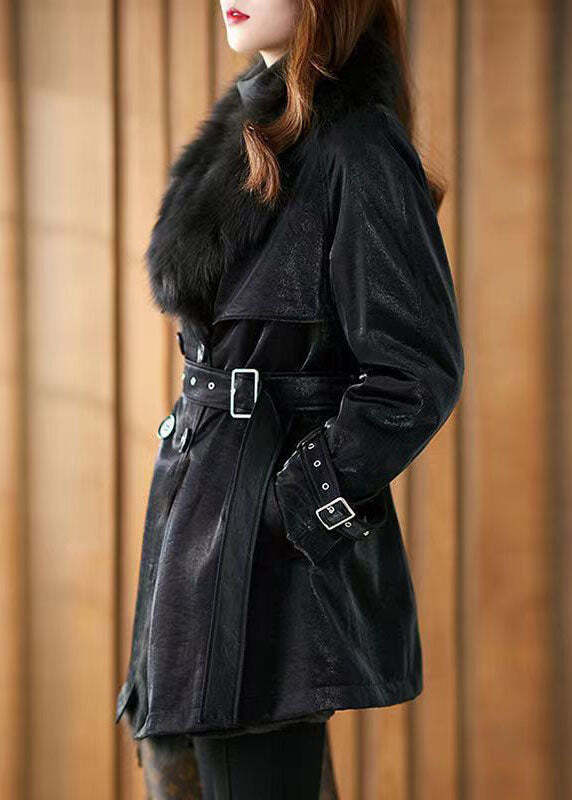 Women Black Peter Pan Collar Tie Waist Patchwork Fuzzy Fur Fluffy Coats Winter