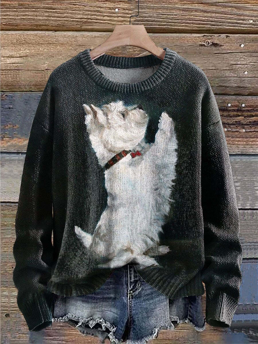 Oil Painting Puppy Print Knit Pullover Sweater - Qauness