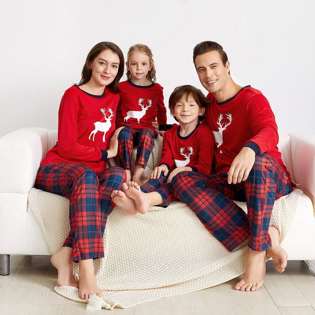 Christmas Reindeer Top and Plaid Pants Family Matching Pajamas Set