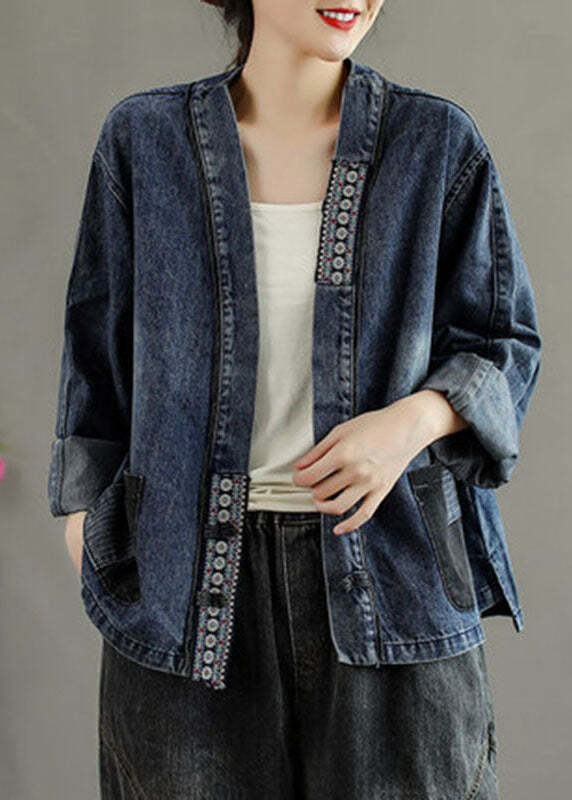 Luxury Black Embroideried Pockets Button Patchwork Fall Denim Coat