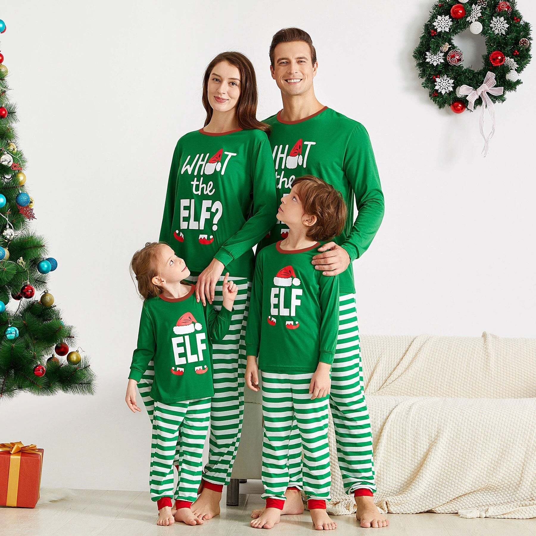 ' What The Elf ' Funny Family Christmas Pajama Set in Green