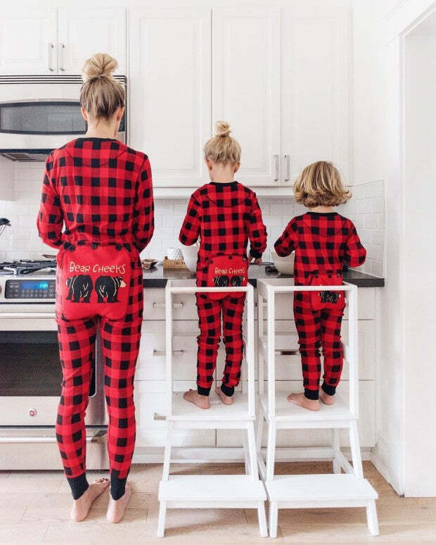 Cute Bear Pattern Plaid Onesies Christmas Family Matching Pajamas Set  (with Pet Dog Clothes)