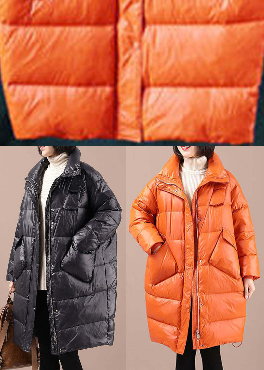 Chic Orange Loose Stand Collar Pockets Winter Duck Down Coats