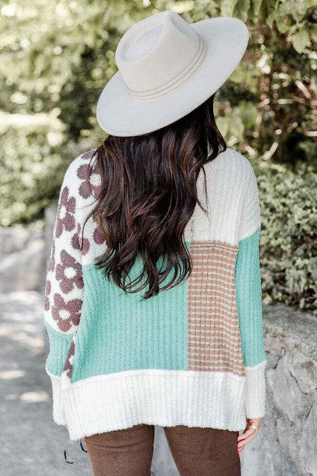 All Up To You Brown And Green Fuzzy Colorblock Cardigan