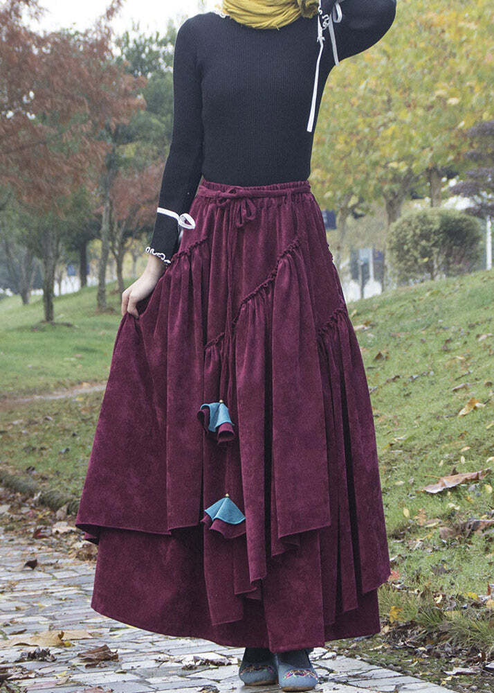 Boho Purple Wrinkled Asymmetrical Patchwork Corduroy Skirts Fall