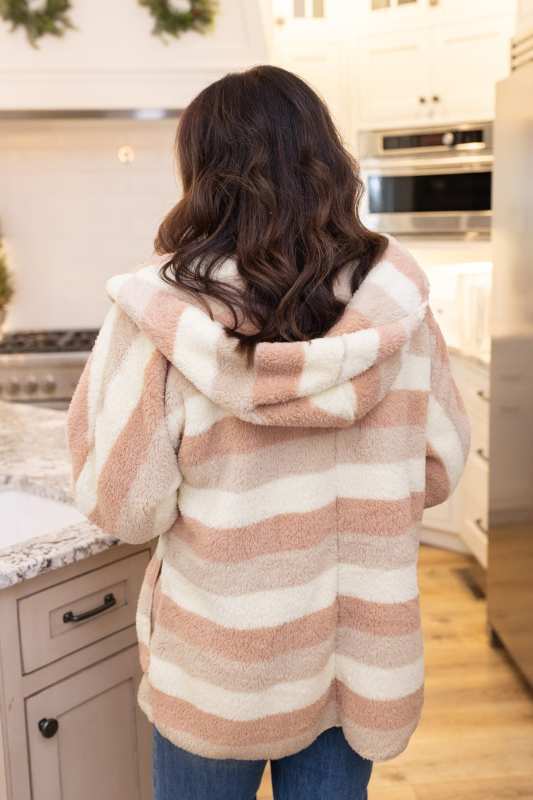 OVER SIZE STRIPED FLANNEL HOODED COAT