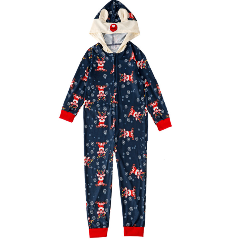 Christmas print hooded one-piece pajamas set (with Pet Dog Clothes)