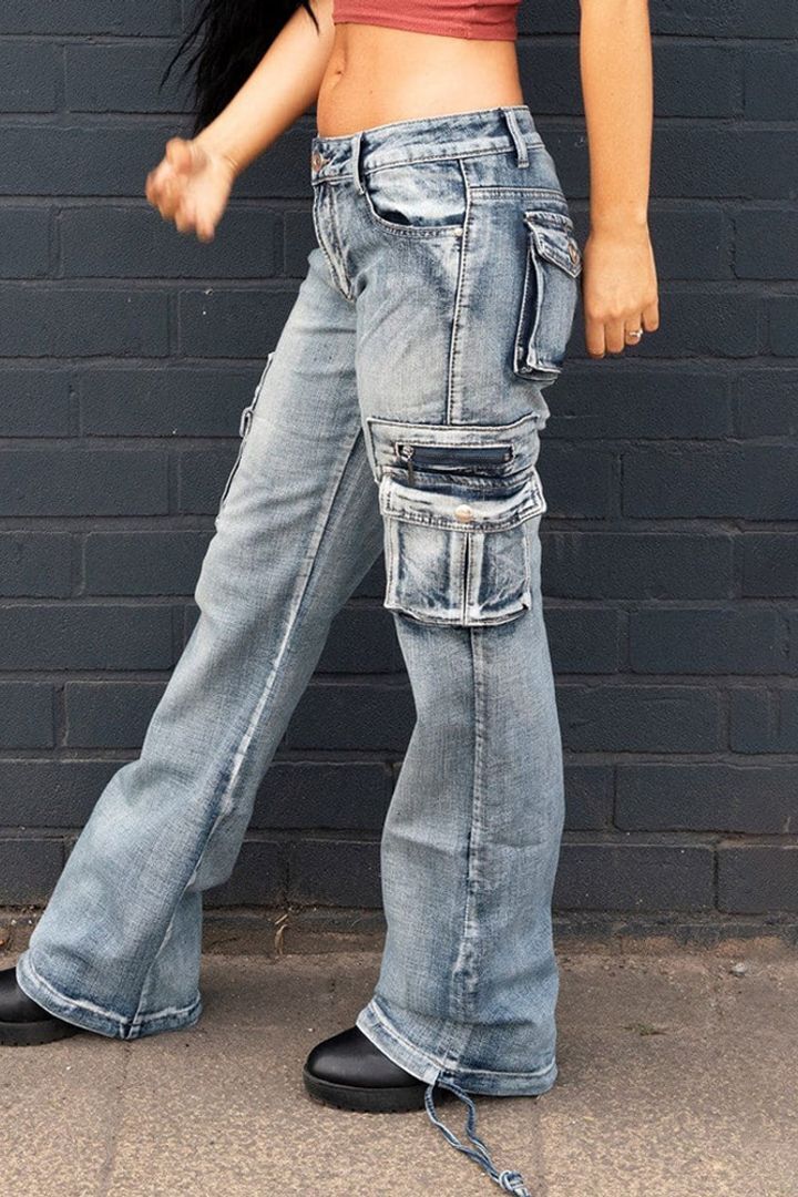 90s Vintage Flap Pocket Low Waist Cargo Jeans - hs009355