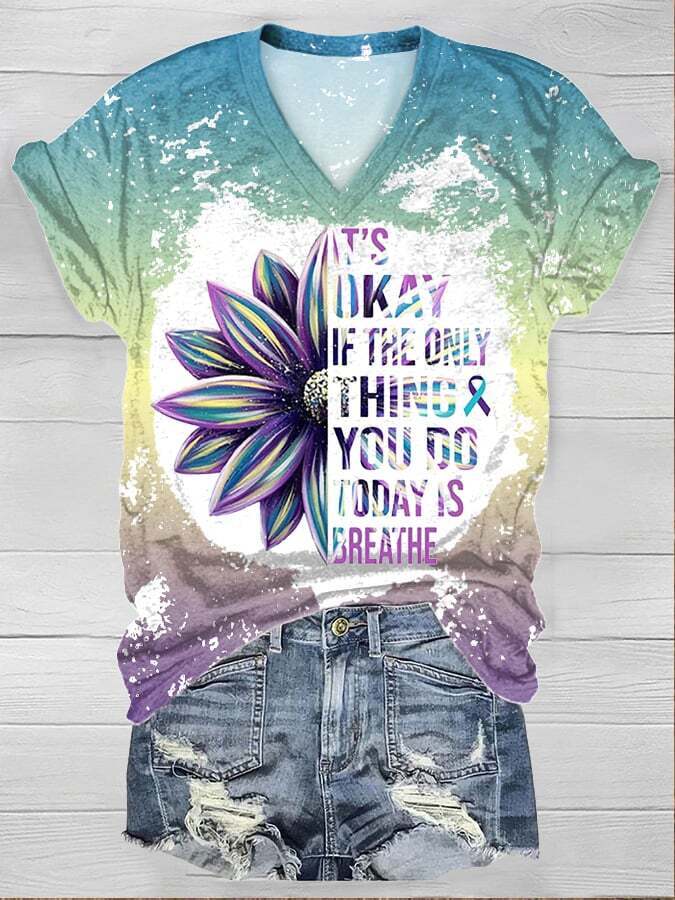 It's Okay Sunflower Print Short Sleeve T-Shirt