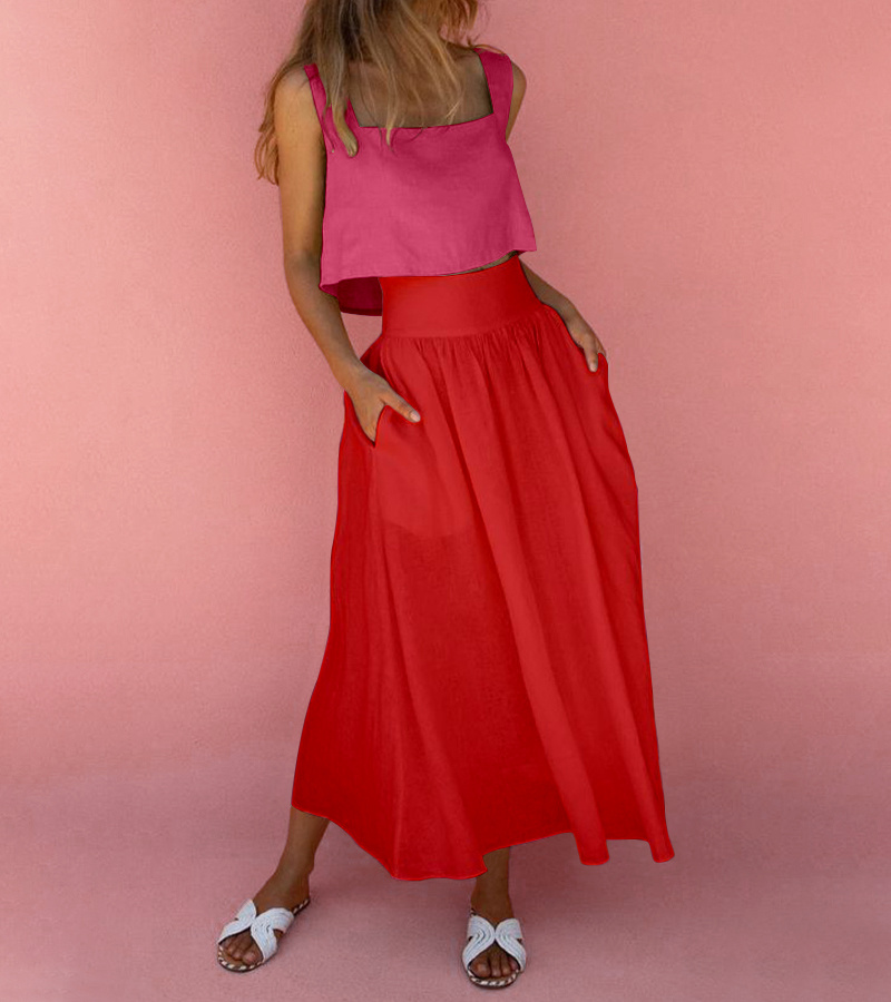 2023 Summer Square Neck Top with A-line Skirt 2pieces Set