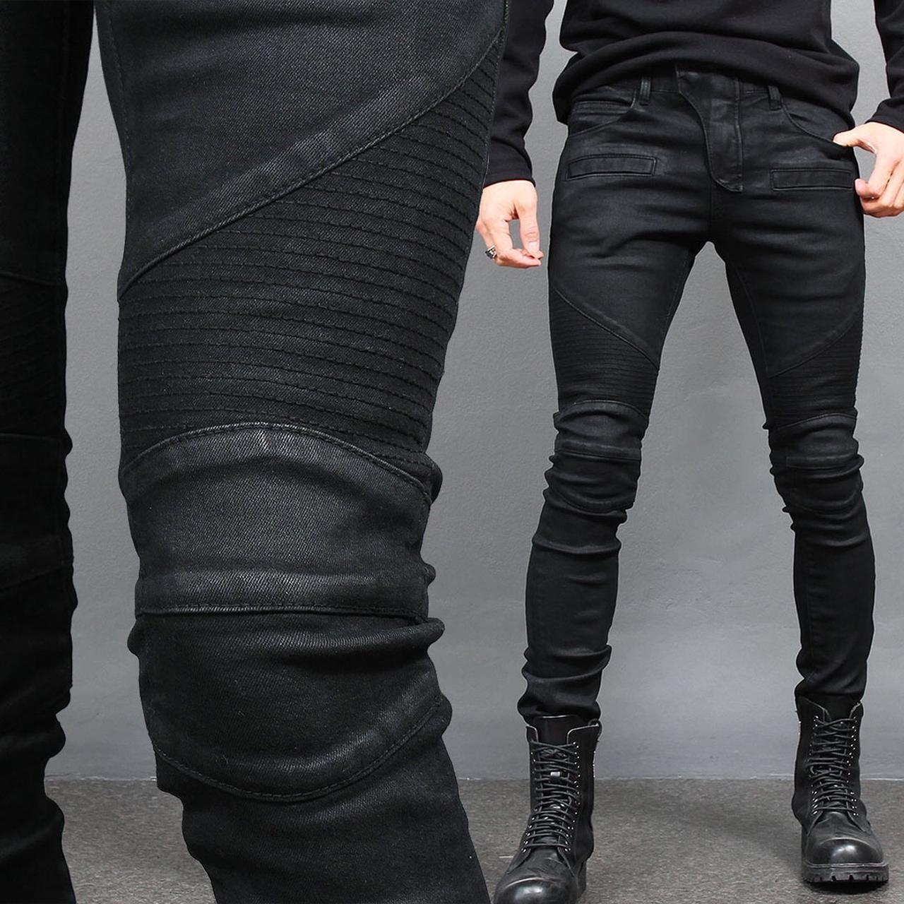 Gentler Super Slim Fit Black Wax Coated Bikers Skinny Jeans - Hineres