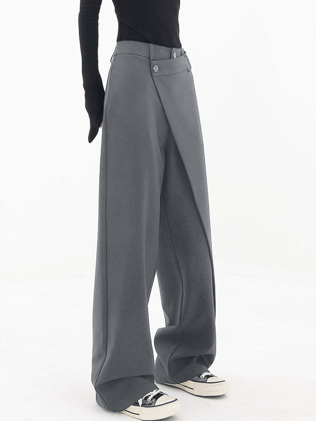 Asymmetrical Layer Button Baggy Wide Leg Pants - PHISYCA