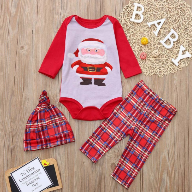 Santa Claus print pajama suit with round collar and plaid (with Pet Dog Clothes)