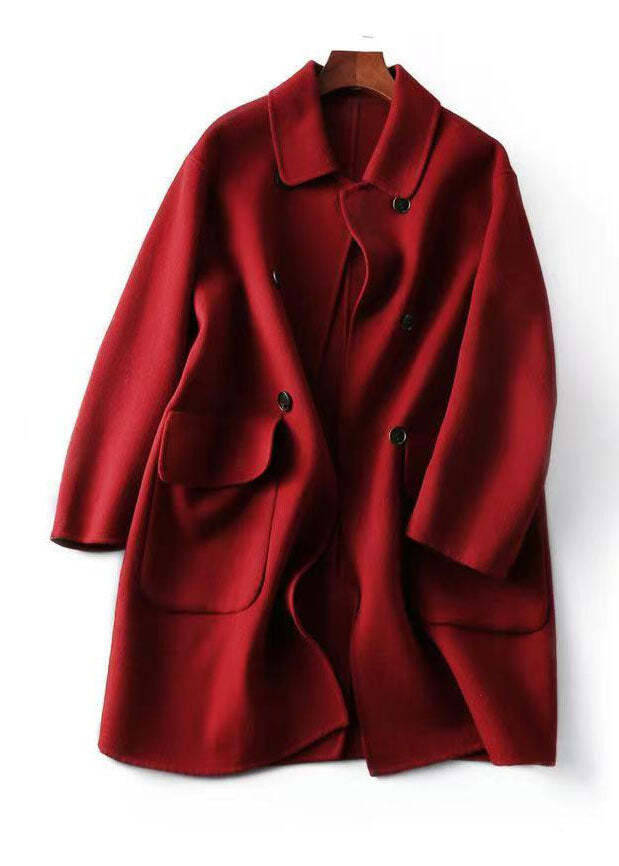 Fine Red Peter Pan Collar Pockets Fine Cotton Filled Woolen Outwear Winter