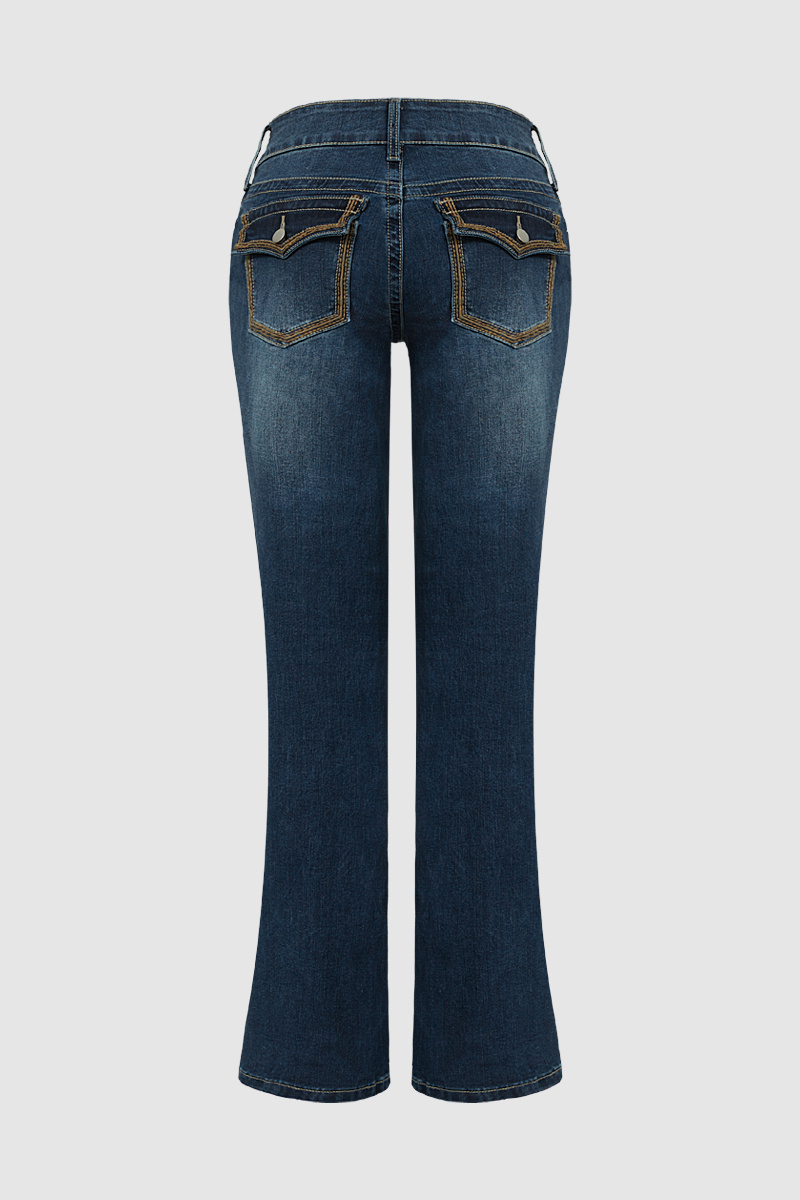 Embroidery Detail Dual Button Mid Waist Bootcut Jeans