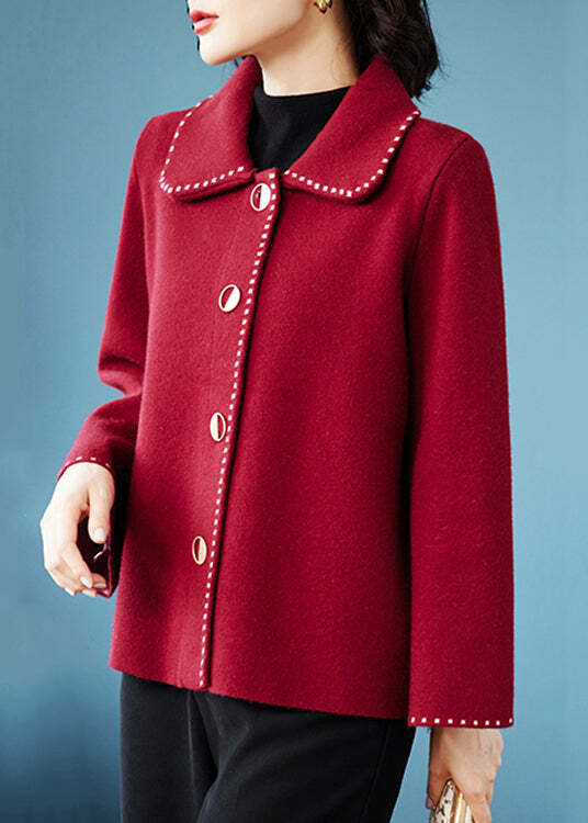 Classy Red Peter Pan Collar Pockets Patchwork Woolen Coat Fall