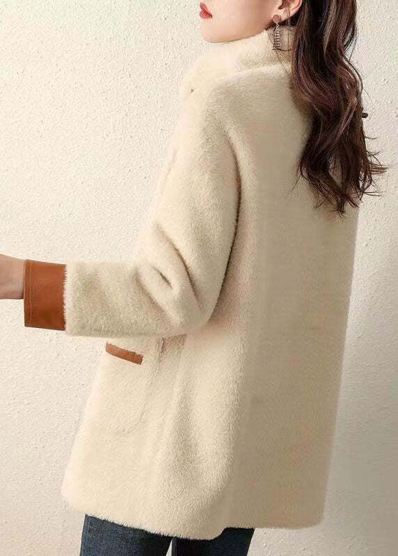 French Beige Peter Pan Collar Pockets Patchwork Faux Fur Coat Fall
