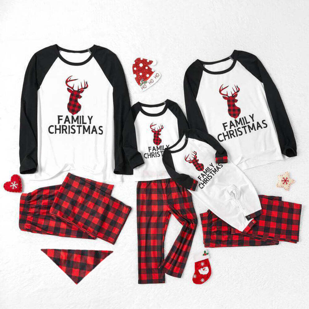 Family Matching Christmas Letter Print Buffalo Plaid Reindeer Pajamas Sets(with Pet Dog Clothes)
