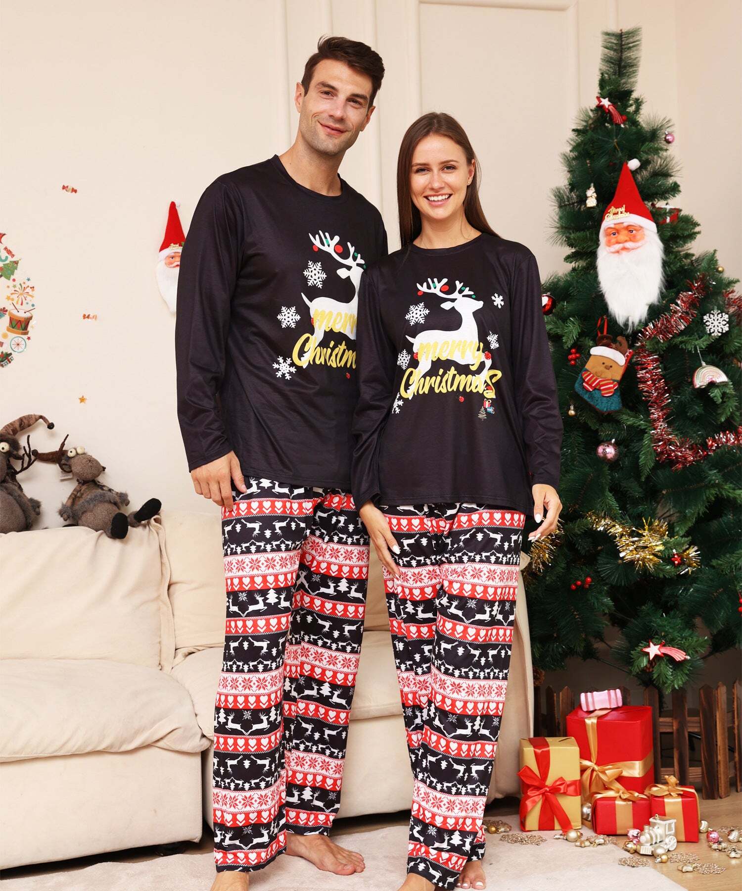 Black Christmas Deer Fmalily Matching Pajamas Sets (with Pet's dog clothes)