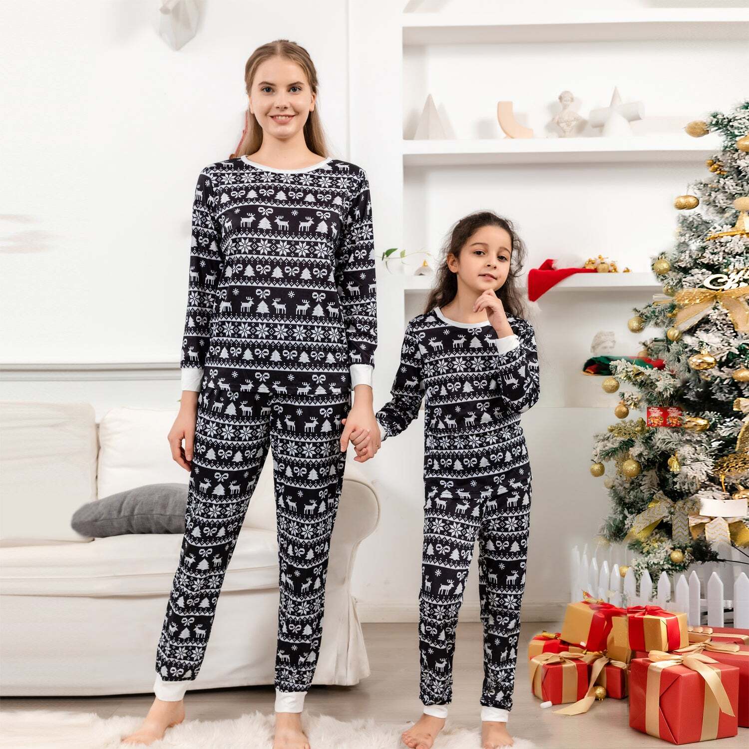 Christmas Black-White Print Family Matching Pajamas Set