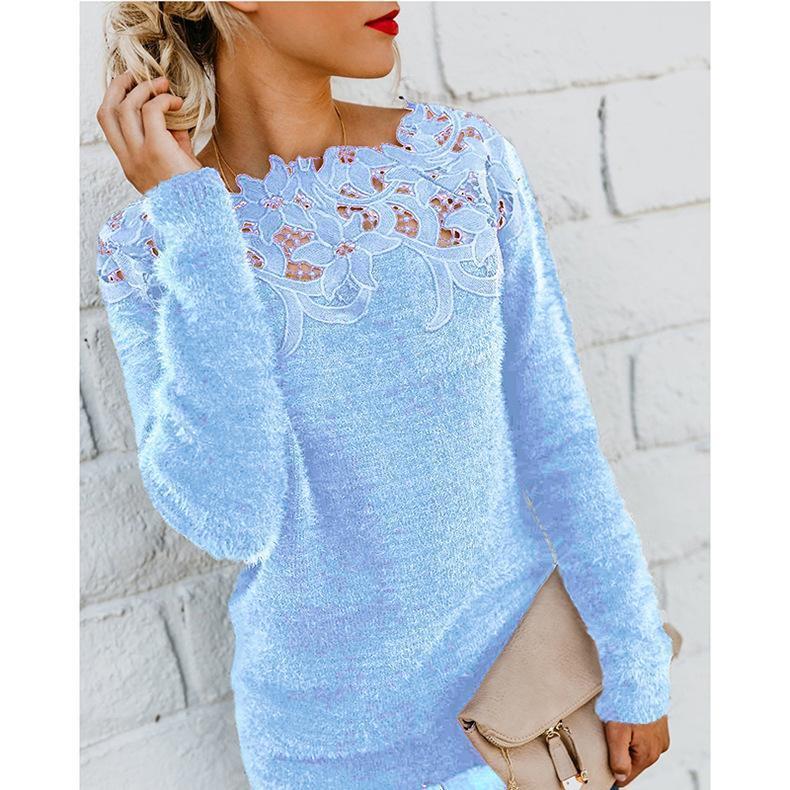 Solid Lace Splice Long Sleeve Plush Sweater - Pacifiqu
