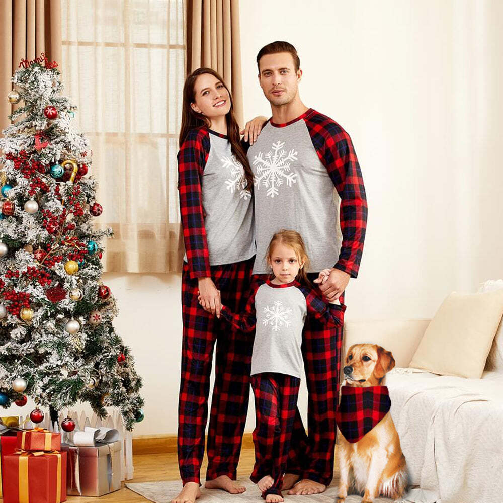 Family Matching Snowflake Plaid Christmas Pajamas Sets(with Pet Dog Clothes)