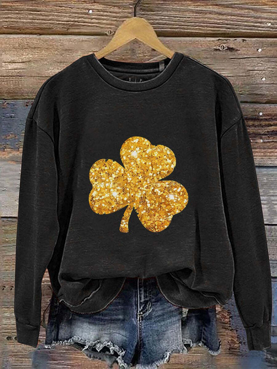 Glitter Shamrock Four Leaf Clover St. Patrick's Day Print Casual Sweatshirt