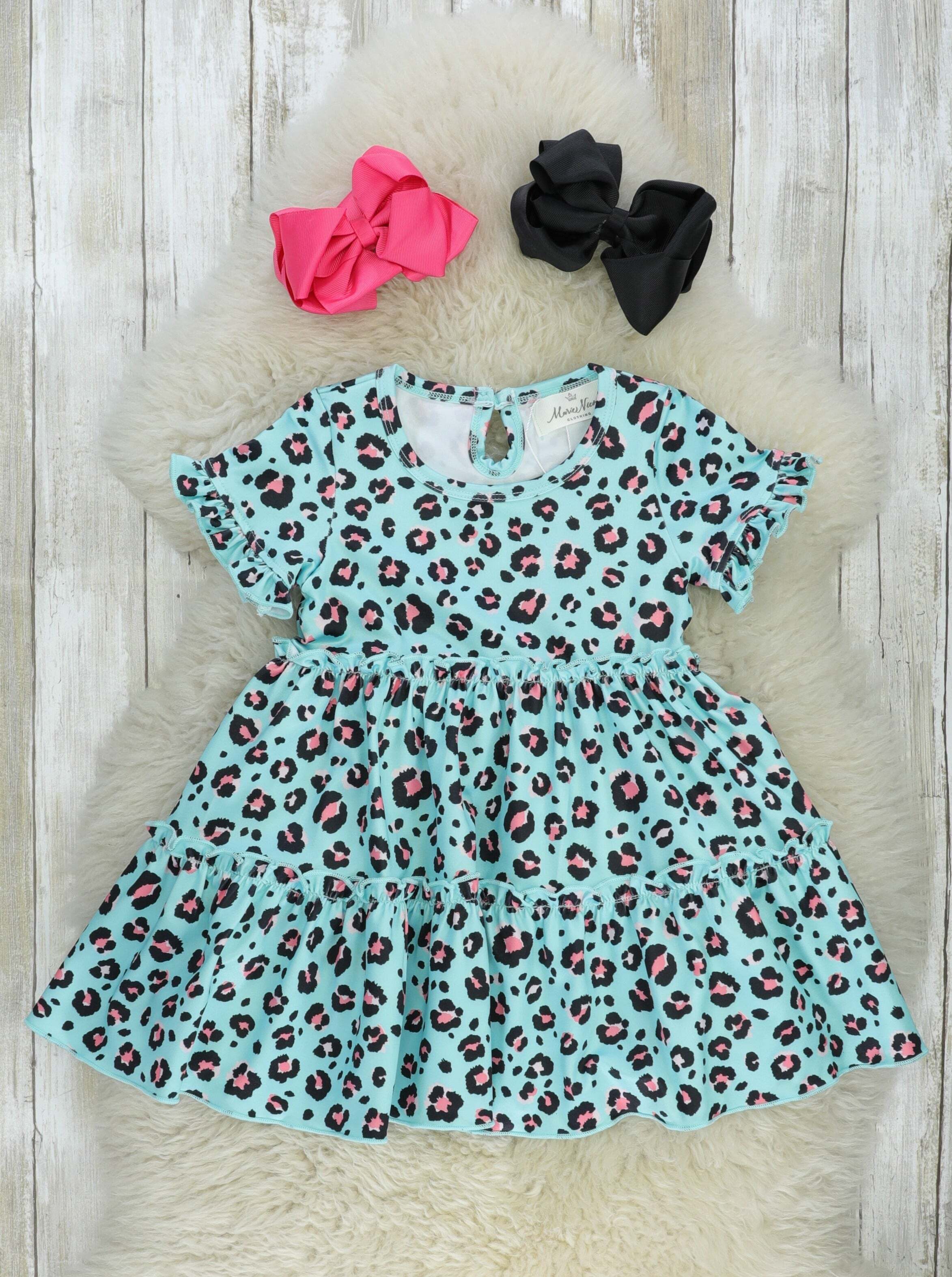 Turquoise Leopard Tiered Ruffle Dress