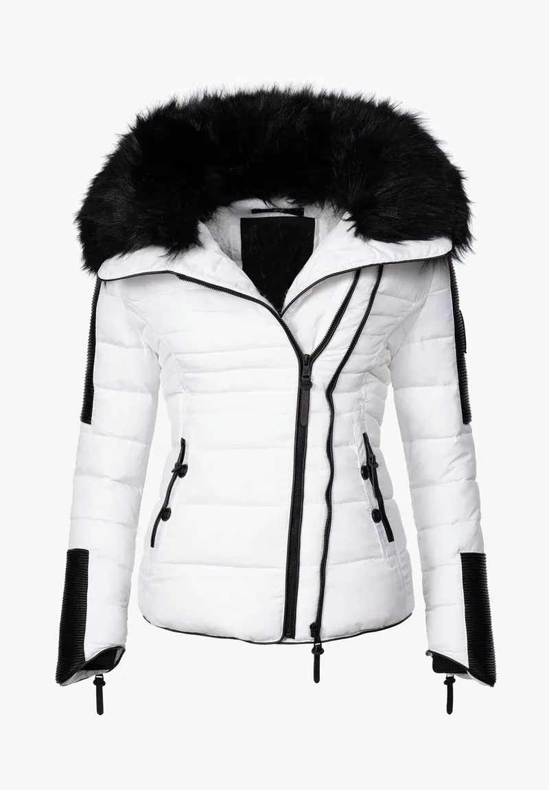 Faux fur hood puffer jacket in white - Pacifiqu