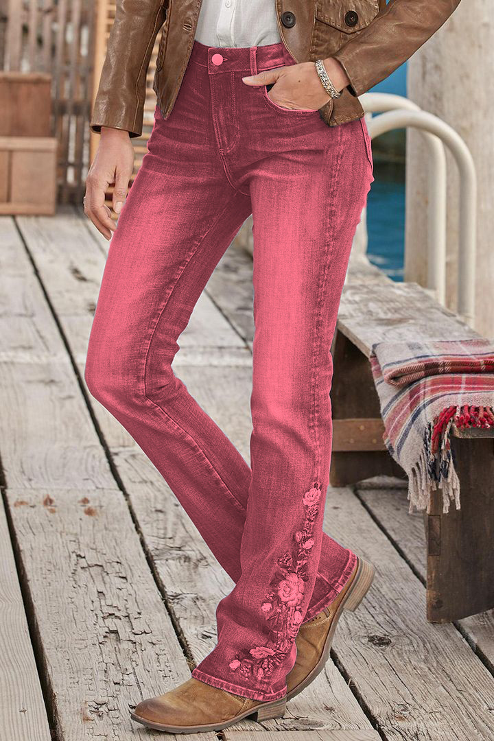 Floral Hand Embroidery Mid Waist Bootcut Jeans