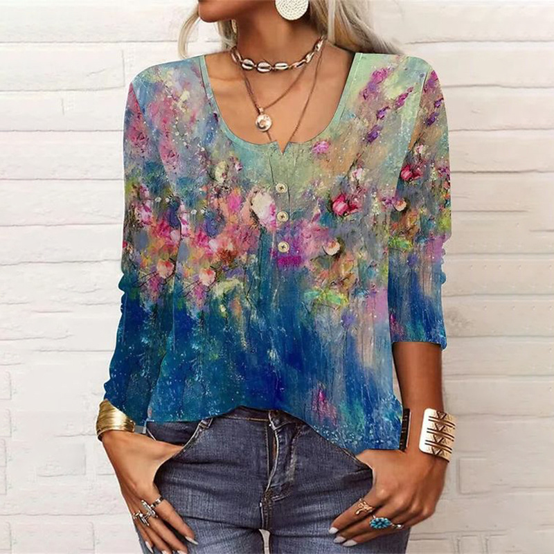 Round Neck Floral Printed Long Sleeve Casual T-Shirt - Pladaz