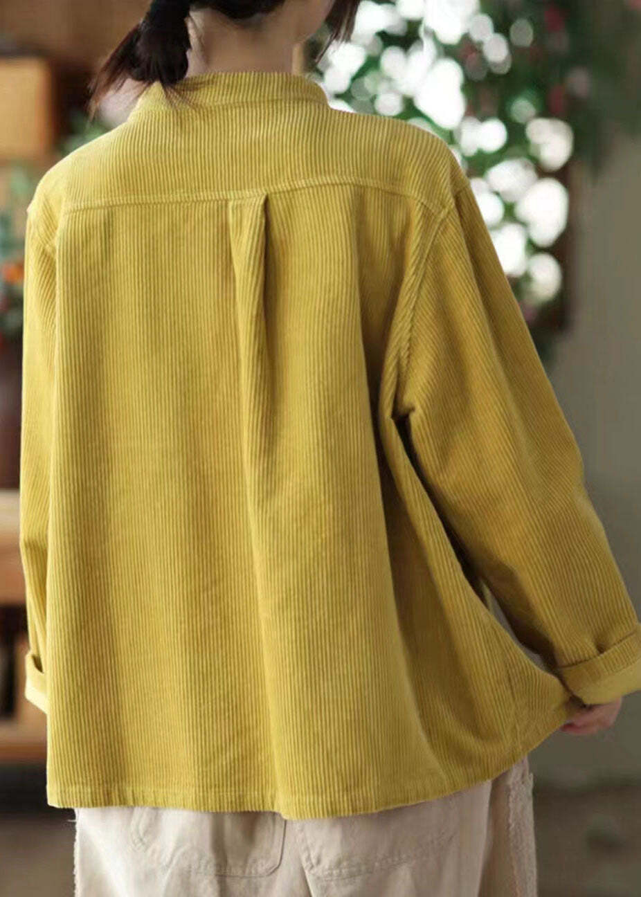 Boutique Yellow Stand Collar Pockets Solid Corduroy Coats Fall