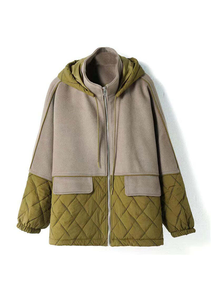 Plus Size Colorblock Zip Up Patchwork Cotton Hooded Jacket Fall