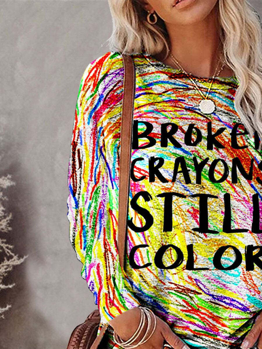 Mental Health Awareness Broken Crayons Still Color Encourage Print Casual Crew Neck Long Sleeve T-Shirt