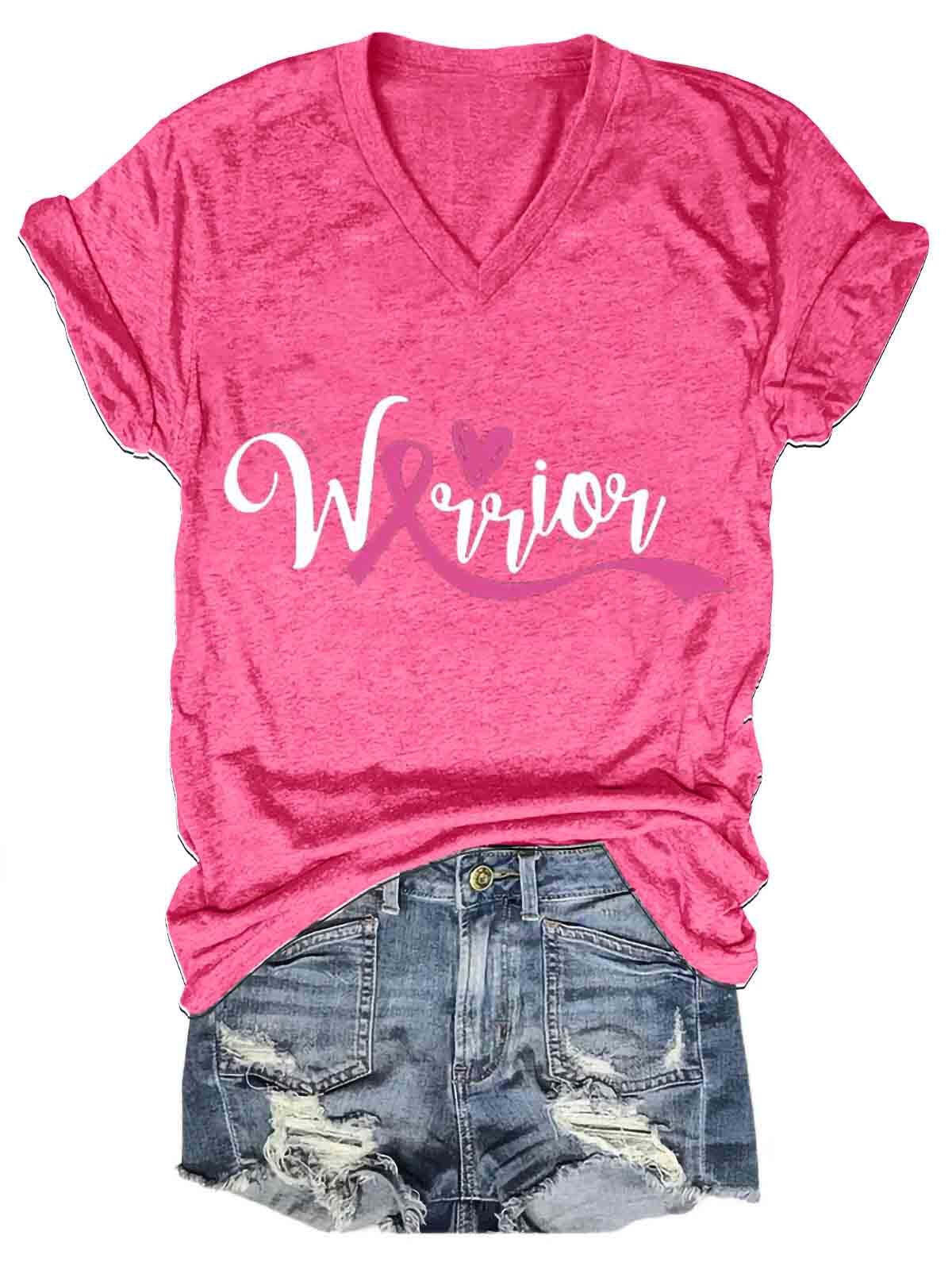 Breast Cancer Warrior Print Casual  T-shirt
