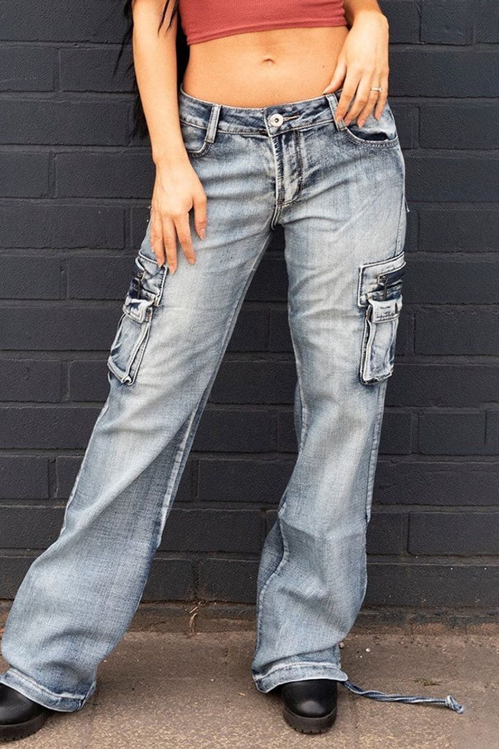 90s Vintage Flap Pocket Low Waist Cargo Jeans - STORE