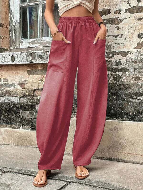 Women's solid color pocket elastic pants