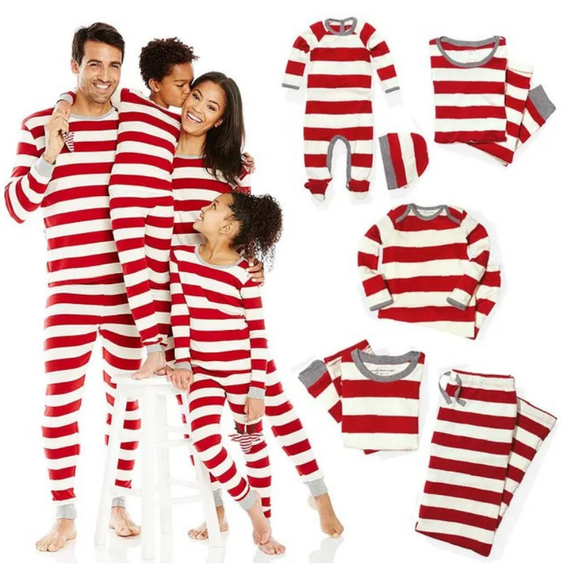 Holiday Red and White Striped Family Matching Pajamas Set (with Pet Dog Clothes)