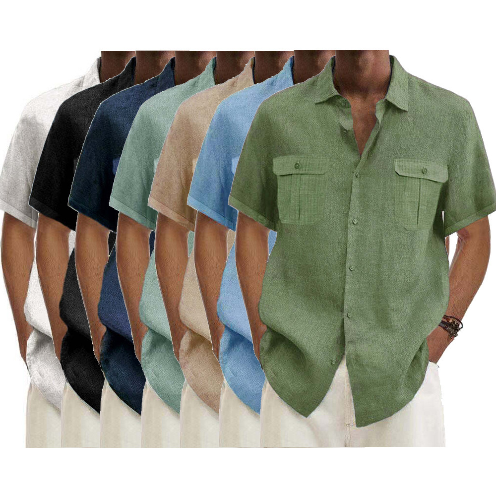 7-Pack Men's Shirts Double Pocket Cotton Linen Short Sleeve Shirts Cas ...