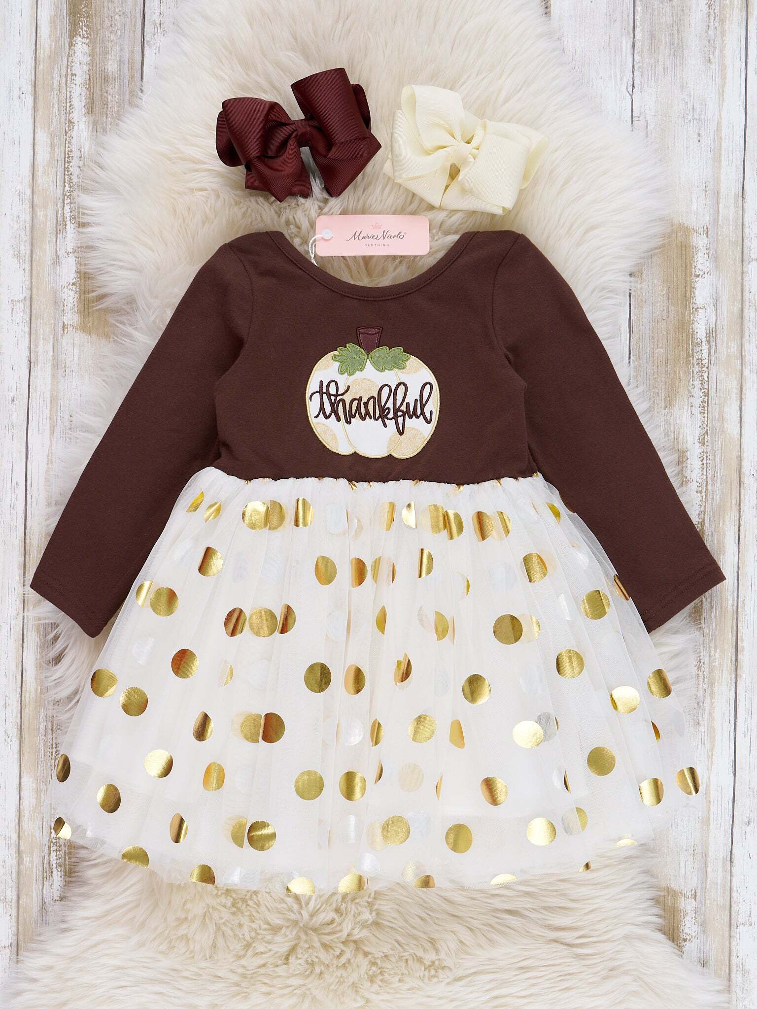 Brown & Gold Dots Thankful Tulle Dress