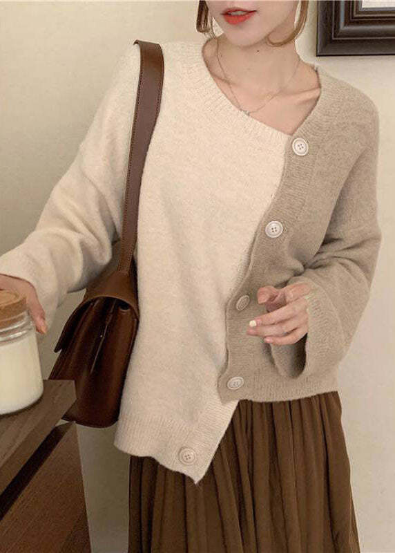 Women Beige Asymmetrical Button Knit Knit Winter sweaters
