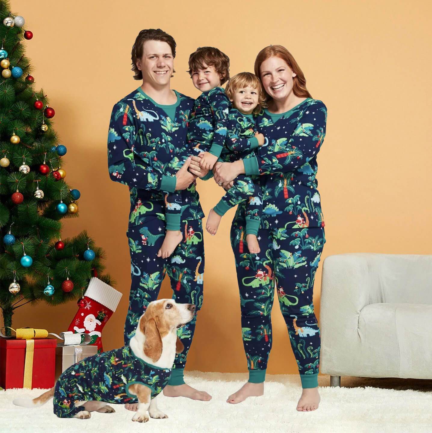 Christmas Dinosaur Patterned Family Matching Pajamas Sets (with Pet Dog Clothes)