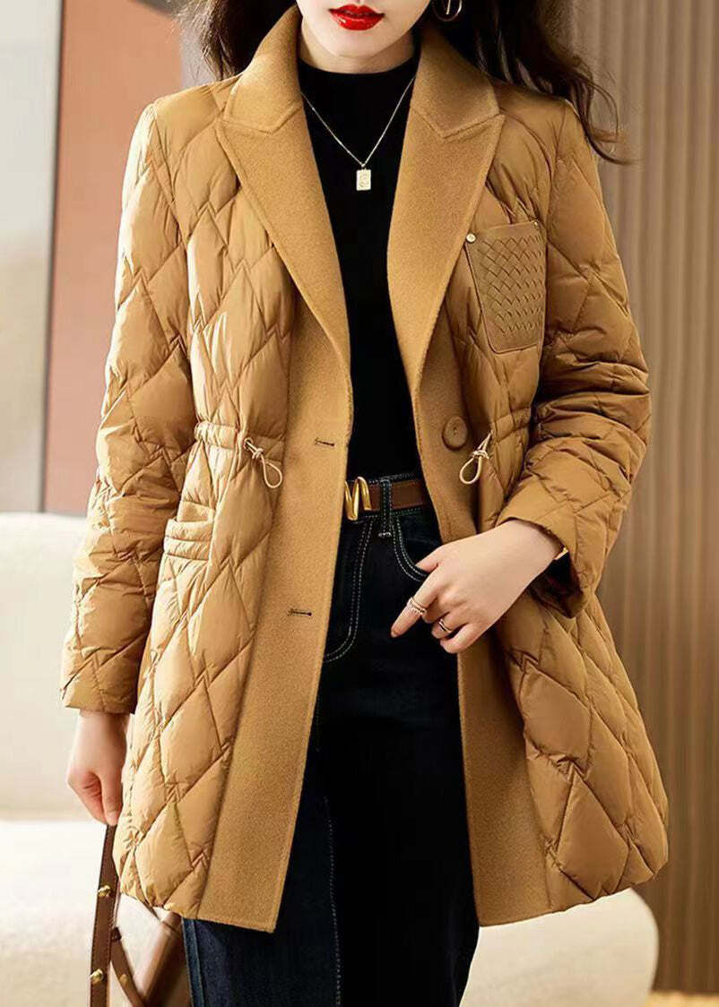 French Camel Peter Pan Collar Drawstring Patchwork Fine Cotton Filled Coat Winter