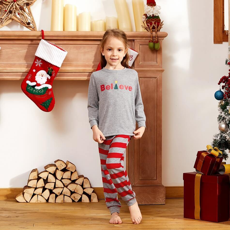 'Believe' Comfy Family Striped Pajamas(with Pet Dog Clothes)