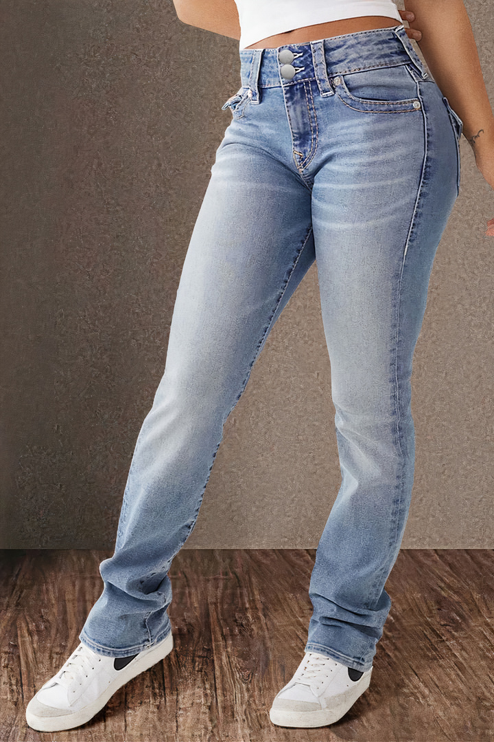 Double Button Mid Waist Straight Leg Jeans