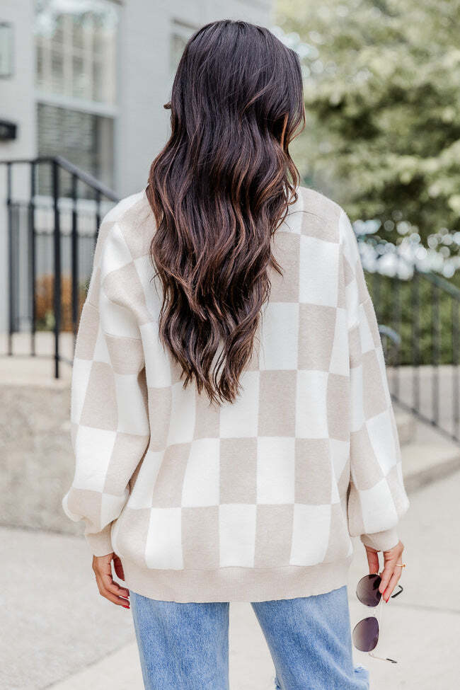 Trying Your Best Beige Checkered Cardigan
