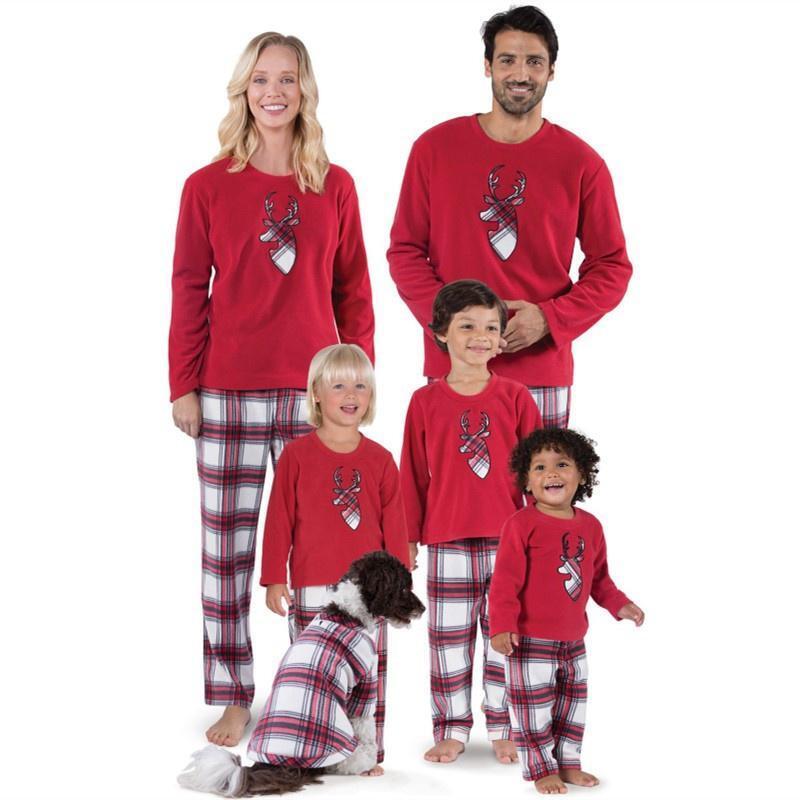 Christmas Deer Appliqued Top and Plaid Pants Family Matching Set
