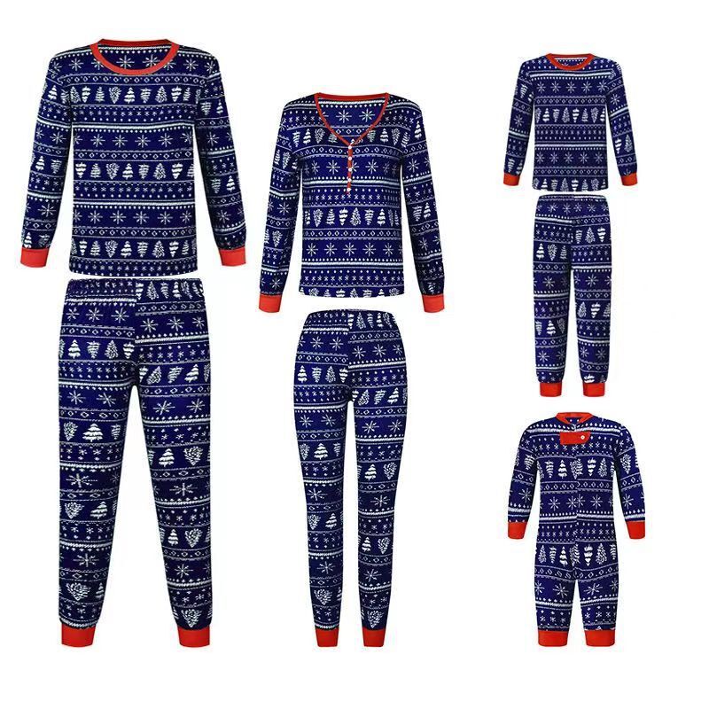 Blue Christmas Tree Pattern Family Matching Pajamas Sets