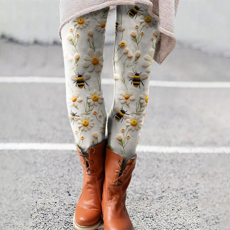 Daisy Bee Embroidery Art Print Casual Leggings - Grundloo